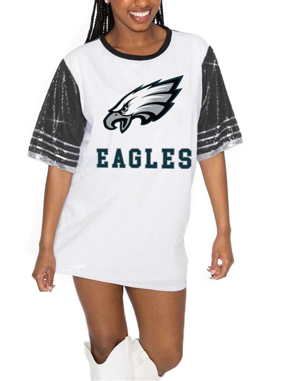 Gameday Couture Philadelphia Eagles black and white full sequin jersey dress